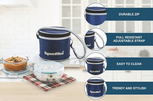 SignoraWare Executive High Microwave Safe Office Lunch Box Set with Bag | Borosilicate Glass | Safety Lock Airtight Tiffin Containers (Set of 2 – 400ml+400ml | Transparent) - Image 2